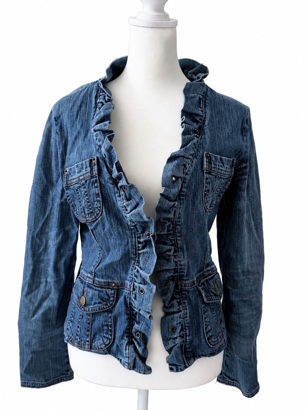 Ruffled Blue Denim Jacket with Feminine Trim